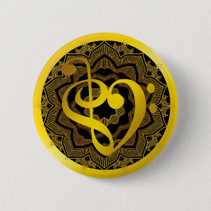 Bóton Redondo 5.08cm Music Love Heart Symbol Clef Dourado Mandala Art