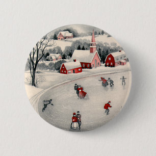 Bóton Redondo 5.08cm Natal vintage, patinadores de gelo do Victorian na