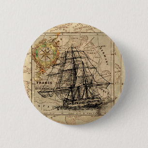 Bóton Redondo 5.08cm Navio Vintage e velho mapa europeu