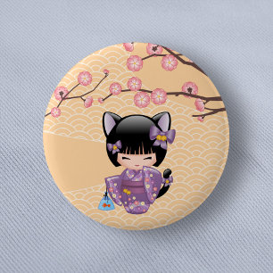 Bóton Redondo 5.08cm Neko Kokeshi Doll - Cat Ears Geisha Girl