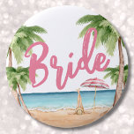 Bóton Redondo 5.08cm Noiva de Festa de solteira de Menina Bonita<br><div class="desc">Botão Bride de Festa de solteira de final de semana de praia. Um tema legal de praia aquarela com tons cor-de-rosa e cor-de-rosa, colocando a vibração para uma fuga de praia com a noiva e seus besties. De viagens à Flórida, Califórnia, ou até mesmo algo mais internacional como México, Havaí...</div>