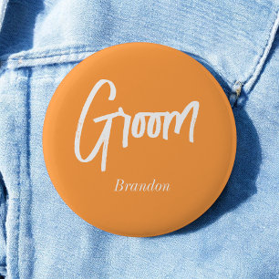 Bóton Redondo 5.08cm Noivo Laranja Branco Script Casamento