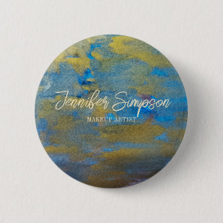 Bóton Redondo 5.08cm Nome Abstrato em Aquarela Azul com Brilho Dourado