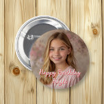 Bóton Redondo 5.08cm Nome de Aniversário Feliz Personalizado e Foto<br><div class="desc">Personalize este botão de aniversário adicionando a imagem e o nome do seu filho a este botão Feliz Aniversário na área personalizada.</div>