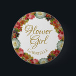 Bóton Redondo 5.08cm Nome de etiqueta de Flores Florais de Casamento de<br><div class="desc">Este nome de etiqueta de botão é desenhado como um presente para suas floreiras. Apresenta um design de bolo chico com uma coroa de flores em lindas cores do outono,  incluindo coral,  vermelho,  laranja,  ouro e ameixa. O design floral é tornado ainda mais elegante pelas delicadas letras douradas.</div>