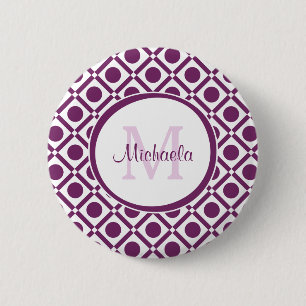 Bóton Redondo 5.08cm Nome Moderno Roxo e Branco Geométrico Monograma