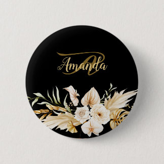 Bóton Redondo 5.08cm Nome Monograma Floral Dourado Preto Elegante Moder