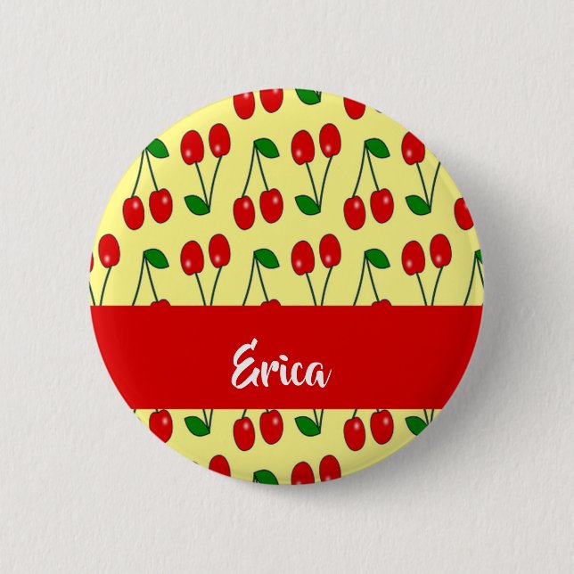 Bóton Redondo 5.08cm Nome personalizado cerejas vermelhas em amarelo (Frente)