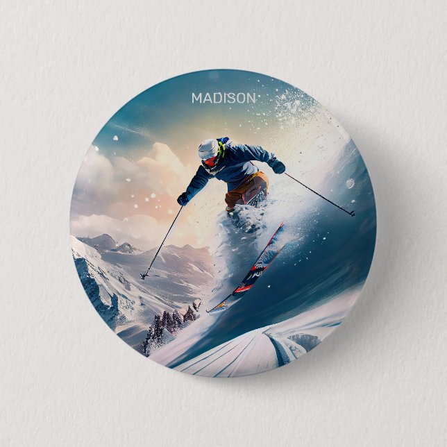 Bóton Redondo 5.08cm Nome Personalizado - esquiador Mountain (Frente)