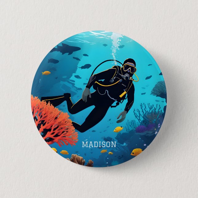 Bóton Redondo 5.08cm Nome personalizado Scuba Diver (Frente)