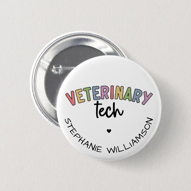 Bóton Redondo 5.08cm Nome Personalizado técnico veterinário | Vet Techn (Frente & Verso)