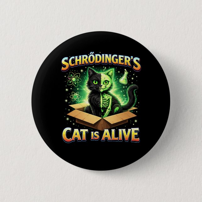 Bóton Redondo 5.08cm O Gato Curioso de Schrödinger (Frente)