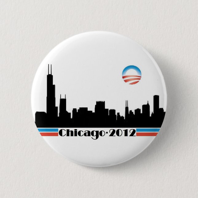 Bóton Redondo 5.08cm Obama 2012 - Skyline de Chicago (Frente)