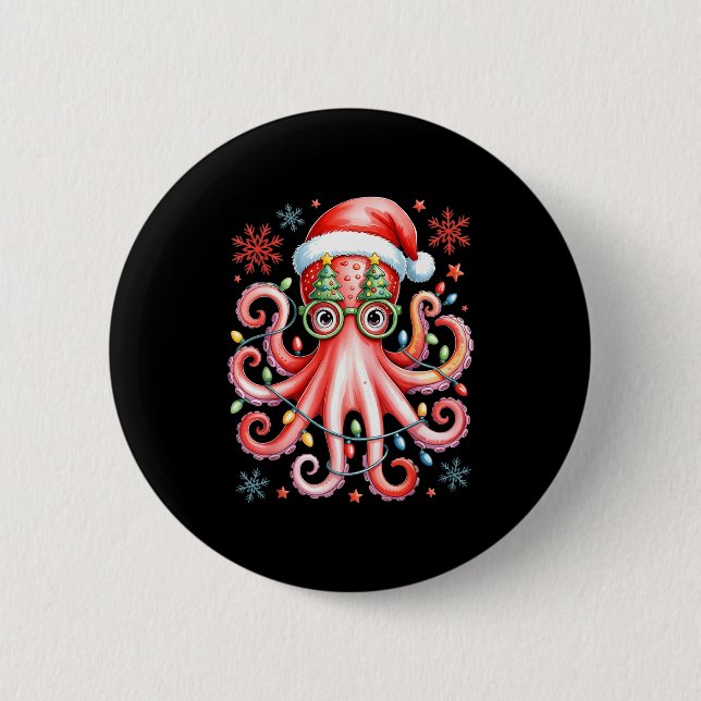 Bóton Redondo 5.08cm Octopus Gles Santa Hat Christmas Light Ocean Anima (Frente)