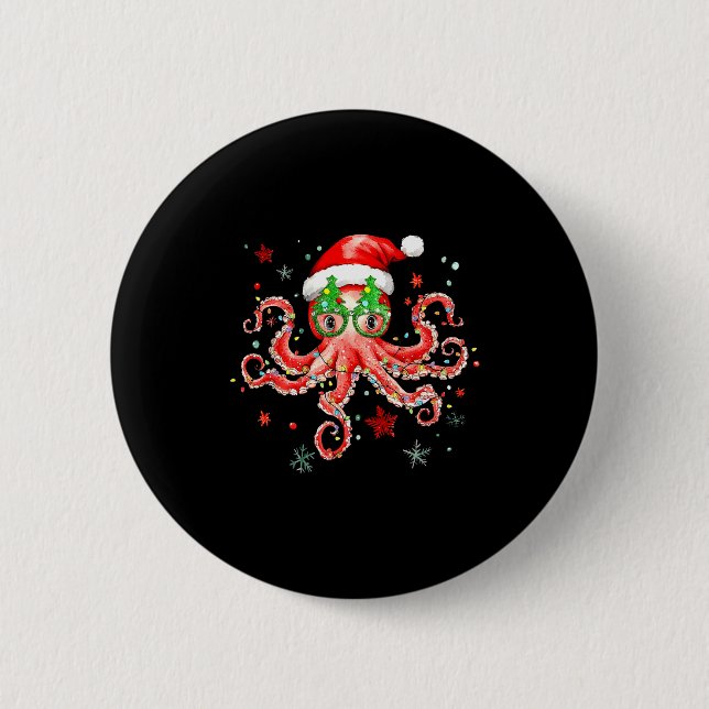 Bóton Redondo 5.08cm Octopus Gles Santa Hat Christmas Light Ocean Anima (Frente)