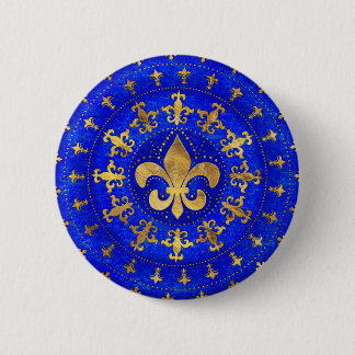 Bóton Redondo 5.08cm Ornamento Fleur-de-lis Lapis Lazuli e Dourado