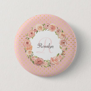 Bóton Redondo 5.08cm Ouro romântico nome Monogrammed floral pontilhado