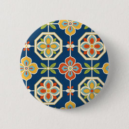 Bóton Redondo 5.08cm Padrão de Azulejo Floral Retro Azul Naval Laranja 