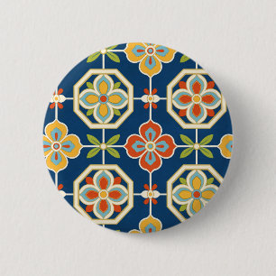Bóton Redondo 5.08cm Padrão de Azulejo Floral Retro Azul Naval Laranja