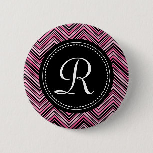 Bóton Redondo 5.08cm Padrão de Chevron Preto-Cor-de-Rosa Monograma