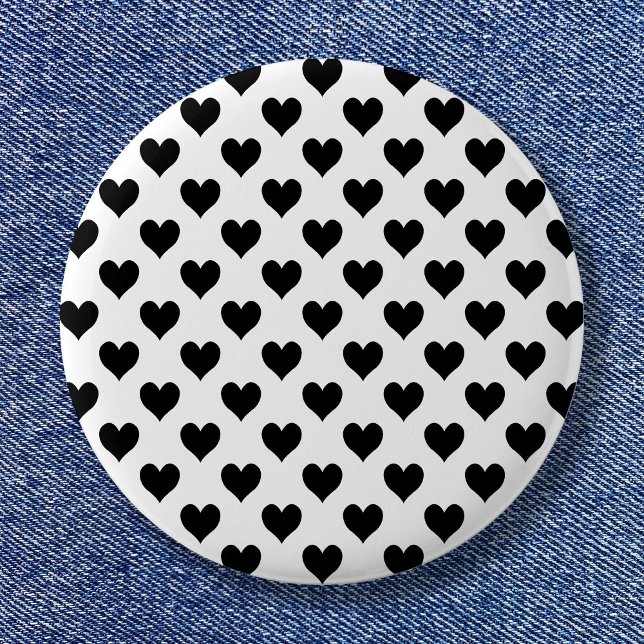 Bóton Redondo 5.08cm Padrão de Coração Preto (Black and White Heart Pattern Button)