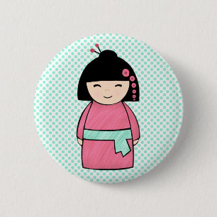 Bóton Redondo 5.08cm Padrão do rosa da boneca de Kokeshi, botão redon