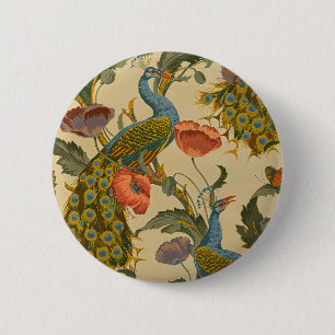 Bóton Redondo 5.08cm Padrão Floral de Papoula com Pavão em Arte Nova An