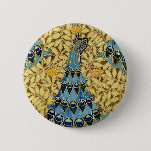 Bóton Redondo 5.08cm Padrão Floral de Pavão Azul Art Nouveau Antigo