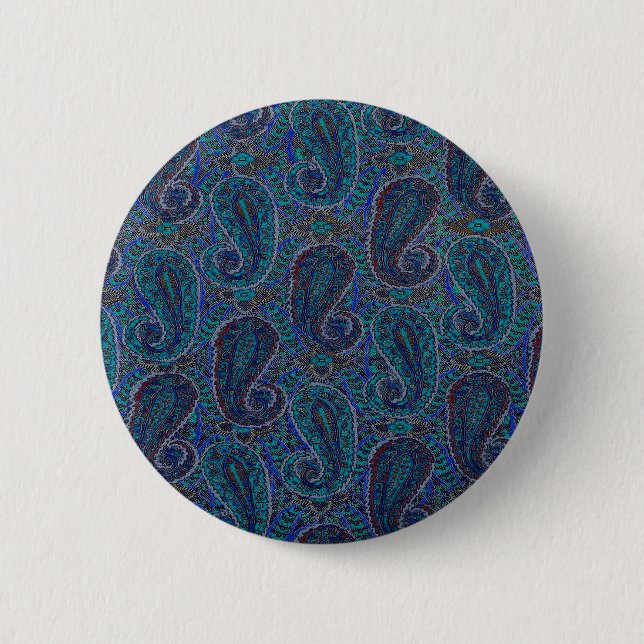 Bóton Redondo 5.08cm Paisley Azul Indiano Boho Clássico Vintage (Frente)