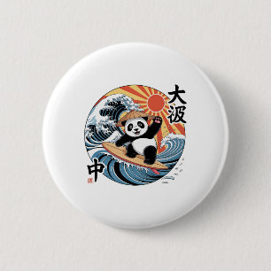Bóton Redondo 5.08cm Panda Surfando Onda Japonesa Retro Oceano Asiático