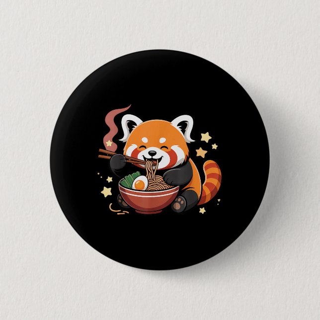 Bóton Redondo 5.08cm Panda Vermelho Comendo Macarrão Ramen (Frente)