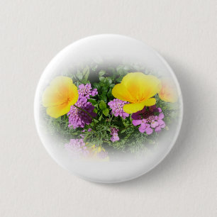 Bóton Redondo 5.08cm pansias amarelas e flores de jardim roxas