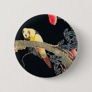 Bóton Redondo 5.08cm Papagaio no Ramal de um Rosa Flor Bush