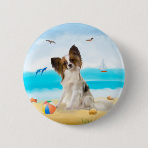 Bóton Redondo 5.08cm Papillon Dog na Praia