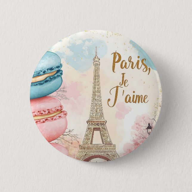 Bóton Redondo 5.08cm Paris, Je T'aime - Torre Eiffel com Macarons (Frente)