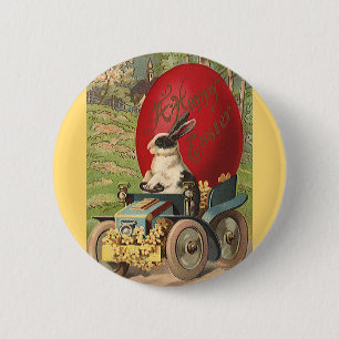 Bóton Redondo 5.08cm Páscoa Engraçada Antiga, Coelho Ovo Automóvel