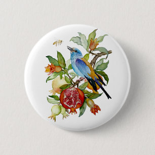 Bóton Redondo 5.08cm Pássaro Azul Entre Romãs Aquarela Botânica