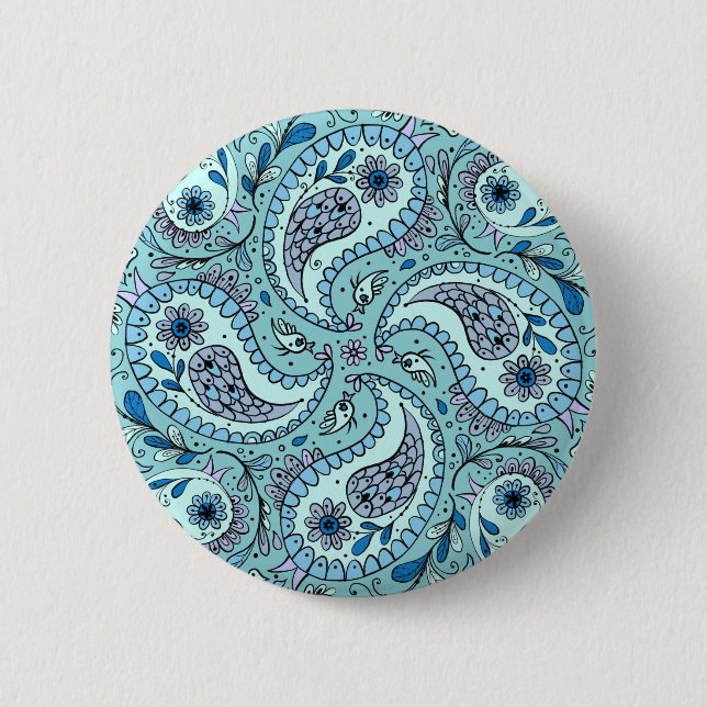 Bóton Redondo 5.08cm Pássaros da Paisley em azul-bebê (Frente)