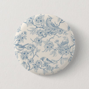 Bóton Redondo 5.08cm Pássaros e flor de cerejeira em azul e branco esma