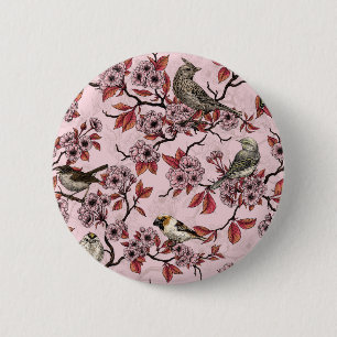 Bóton Redondo 5.08cm Pássaros e flor de cerejeira em rosa pálido