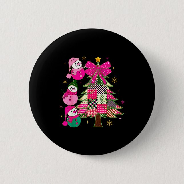 Bóton Redondo 5.08cm Patchwork Coquette Bow Xmas Snowman Holiday Christ (Frente)