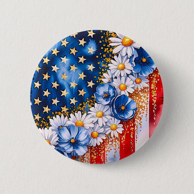 Bóton Redondo 5.08cm Patriotic American Flag Floral Glitter Button (Frente)