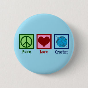 Bóton Redondo 5.08cm Peace Love Crochet Cute Blue Crocheting