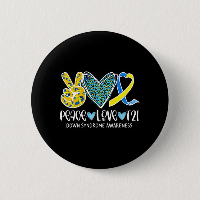 Bóton Redondo 5.08cm Peace Love Cure Blue & Yellow Ribbon Down Syndrome (Frente)