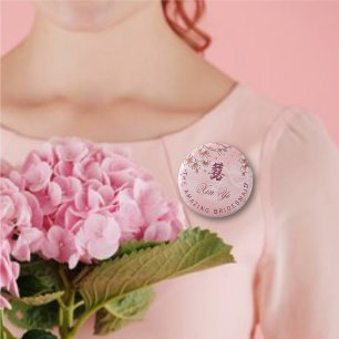 Bóton Redondo 5.08cm Peach Blossoms Dupla Felicidade Casamento Chinês