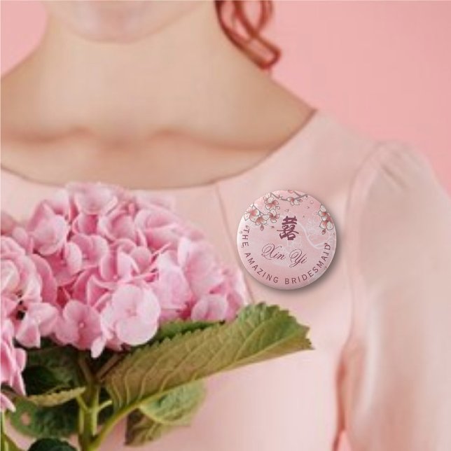 Bóton Redondo 5.08cm Peach Blossoms Dupla Felicidade Casamento Chinês (BRIDESMAID Pink Peach/Plum Blossoms Double Happiness Chinese Wedding Pin Button @ fatfatin_red_knot)