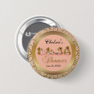 Bóton Redondo 5.08cm Peach e Dourado Damask com Ursos de Teddy Chá de