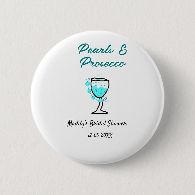 Bóton Redondo 5.08cm Pearls and prosecco bridal shower blue black name  (Frente)