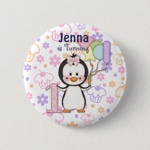 Bóton Redondo 5.08cm Penguin Cutie- Rapariga Primeiro Aniversário
