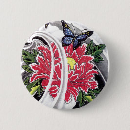 Bóton Redondo 5.08cm Peony Flower e Butterfly Tattoo Design